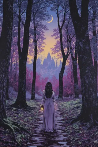 A mystical twilight forest scene in Shepard Fairey style, featuring a woman in a lavender dress holding a glowing lantern under a crescent moon amid purple and blue trees.