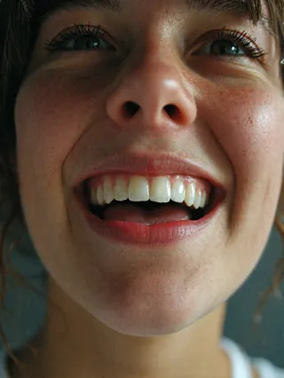 Closeup photograph of a young woman with short hair and brown eyes showing detailed skin hairs on her chin and open mouth with visible white teeth.
