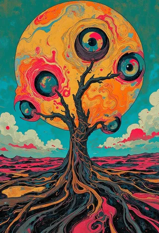 A surreal, twisted tree with large eyeballs growing from its branches stands against a swirling orange and blue psychedelic background, inspired by Ashley Wood's Dead Stranding art style.