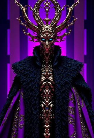 A dark fantasy figure with golden ornate horns, glowing blue eyes, intricate golden armor, wearing a thick dark fur cloak, set against a purple geometric background.