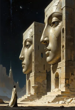 Two colossal, cracked, ancient monolithic stone statues with serene faces stand under a starry night sky, with a robed figure in awe in front.