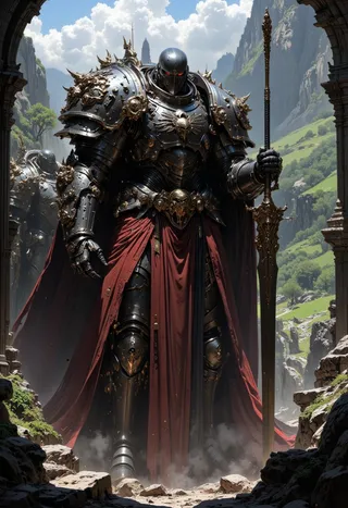 Massive armored knight in black metallic armor with intricate details and a flowing crimson cape, standing in a lush green valley holding an ornate spear under a clear sky.