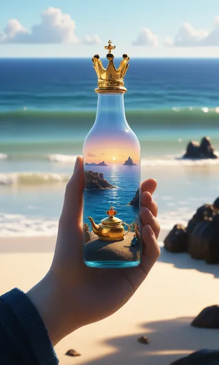 Hand holding a transparent bottle topped with a golden crown, containing a miniature ocean scene with a golden teapot on a rocky shore and a sunset view.
