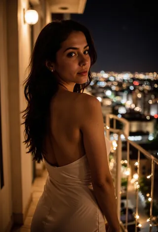 Ultra realistic photo of a woman with black wavy hair and olive green eyes standing on a balcony at night, illuminated by warm golden light with a blurred city skyline in the background.