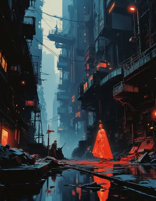 A futuristic cyberpunk urban street at night with neon orange lights illuminating the wet street and dark buildings, featuring a figure in a glowing orange cloak