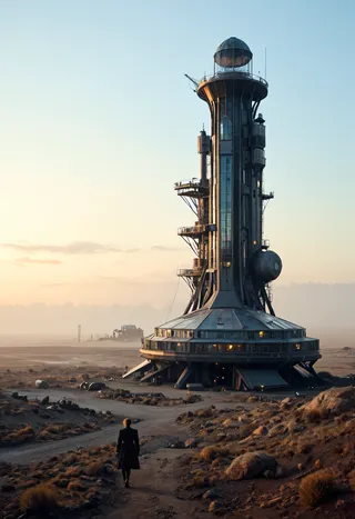 Futuristic control tower in arid, dusty landscape at sunset with a lone Victorian-dressed figure approaching