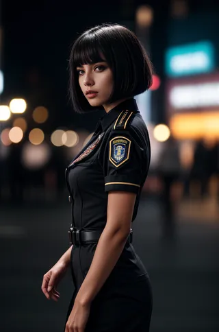 Professional photograph of a stunning Latino woman with a black bobcut wearing a SNWNRS uniform, featuring cinematic lighting and bokeh effects with sharp focus.