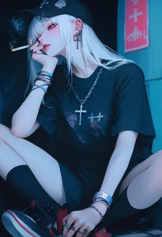 A white-haired girl sitting with a black baseball cap and shirt, wearing cross necklaces and multiple ear piercings, smoking a cigarette.