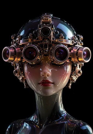 Glass bust of young woman wearing a protective headpiece with four cylindrical panoramic optical lenses aligned horizontally on a black background.