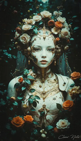 A white cyborg adorned with golden intricate details is surrounded by blooming white and orange flowers and green vines, blending nature with technology.