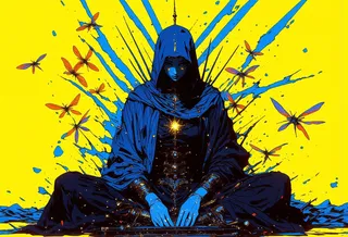 A blue hooded figure sits meditating in a lotus pose against a bright yellow backdrop. Surrounding the figure are neon dragonflies, with blue paint splash effects radiating outward.