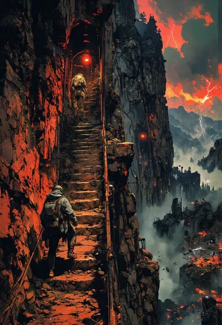 An explorer in rugged gear climbing a steep, weathered stone staircase carved into a towering mountain cliff under a stormy crimson sky with lightning and misty valley below.