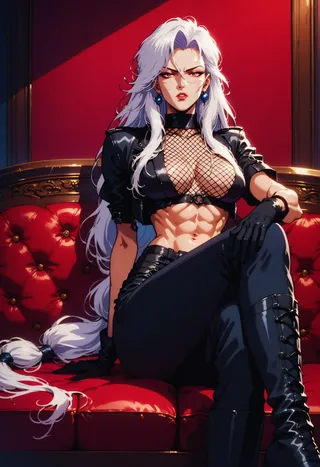 90s anime style muscular woman with long white hair sitting on a red couch, wearing a black leather outfit with fishnet top and gloves, looking confidently at the viewer.
