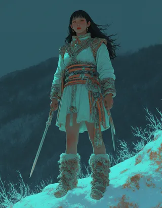 Young Chukchi woman dressed in detailed Stone Age Arctic clothing stands on snowy tundra with mountains in the background, depicted in dark fantasy style with glowing fluorescent accents.
