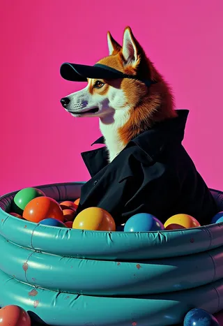 A Shiba Inu dog in profile wearing a black visor and trenchcoat, sitting inside a turquoise inflatable pool filled with colorful balls, set against a bright magenta background.