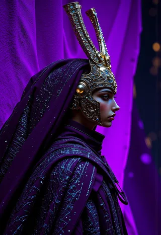 Profile portrait of a person wearing a detailed ornate helmet and a purple costume with fine patterns, featuring a felt-like texture against a purple backdrop.