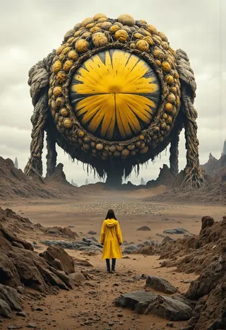 A woman in a yellow biohazard suit stands on a rocky barren landscape facing a colossal dark sci-fi yellow sphere made of intertwined organic and mutated spheres, under an overcast sky.