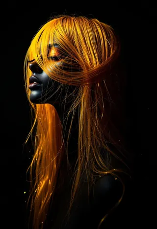 Portrait of a person with fluorescent long golden hair flowing over a black background, illuminated with chiaroscuro lighting in surreal, hyper-realistic style