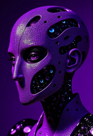 Close-up of a futuristic android head with purple mosaic-like skin, intricate mechanical details and glowing blue elements.