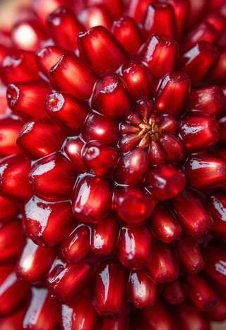 Macro close-up of pomegranate seeds arranged in radial fractal patterns, showing their translucent, jewel-like red appearance with soft backlighting.