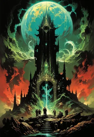 A towering dark fantasy gothic tower under a large glowing teal moon, with ominous swirling green and red skies, surrounded by rocky terrain and small silhouetted figures.