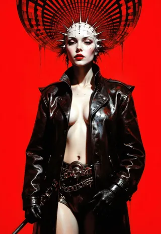 A striking figure in a glossy black leather coat and gloves against a vibrant red background, wearing a spiked white mask with a grid pattern, featuring a surreal black and white optical illusion above.