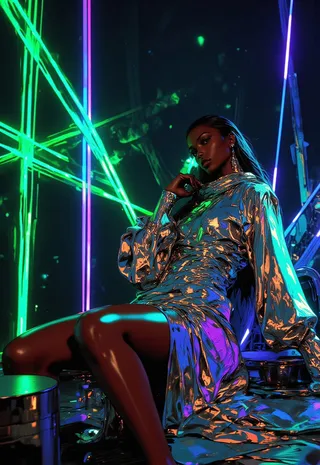 A dark-skinned woman in a shiny metallic dress sits amidst vibrant neon green and blue lights in a dramatic futuristic setting.
