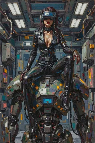 Impasto oil painting of a futuristic woman wearing a sleek black leather suit and VR headset, sitting confidently on a mechanical power suit inside a high-tech industrial room.