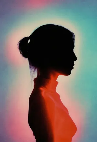 머리를 번으로 묶은 소녀의 실루엣이 스펙트럼 그라데이션 배경 위에 빛나며, 크로매틱 그레인, 빛 샘 효과, 프리즘 효과로 멜랑콜리하고 레트로-귀여운 분위기를 자아냅니다.