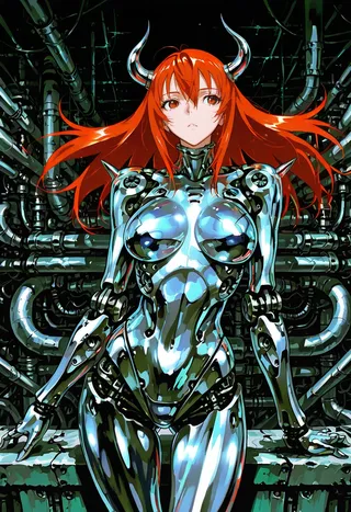A curvy female cyborg with flowing red hair and metallic chrome body, featuring horns, standing in an industrial environment with pipes and machinery.