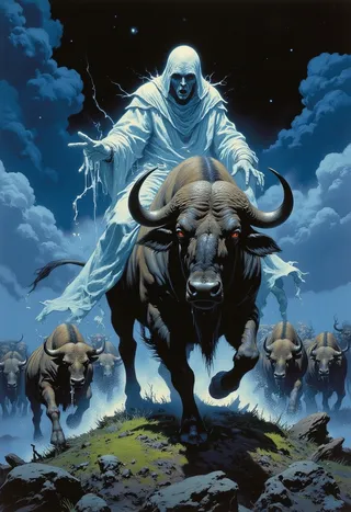 A ghostly transparent specter in white robes rides an anxious buffalo with glowing red eyes, leading a stampede of buffalos under a dramatic night sky in comic book style.