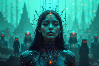 A cybernetic queen with glowing red and orange circuitry, surrounded by humanoid digital avatars with red eyes in a futuristic dystopian blue-green environment.