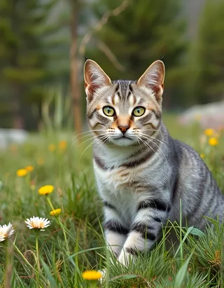 A friendly looking grey tabby cat sitting outdoors in alpine summer grass with yellow and white wildflowers and blurred pine trees in the background.