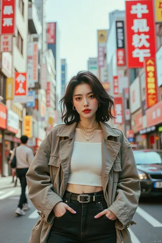 A fashionable Chinese woman stands confidently on a busy urban street wearing streetwear-inspired outfit with layered gold necklaces, photographed with a vibrant polaroid filter and blurred city background.