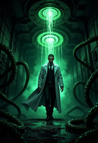 A male figure in a white lab coat and black suit walks forward in a dark, sci-fi environment illuminated by eerie green light, surrounded by large, detailed tentacles.