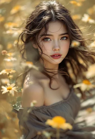 Photorealistic portrait of a teenage girl with flowing hair and a windy skirt surrounded by yellow and white wildflowers, captured with shallow depth of field.