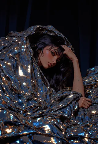 A hyper-realistic portrait of a young woman with dark hair wrapped in a sparkling sequined blanket under dim, intimate lighting.