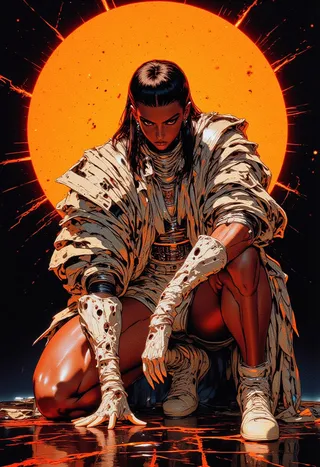 A high-fashion portrait of a young woman in a bold crouching pose on a reflective surface with a fiery orange circular background and dramatic lighting.