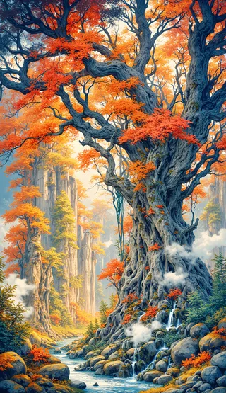 A vibrant autumn landscape featuring a massive ancient tree with red, orange, and yellow foliage, set beside a flowing river and surrounded by tall mountain cliffs in watercolor style.