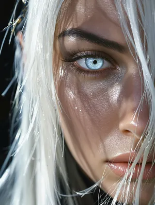 Hyper-realistic close-up of an elven swordswoman’s pale blue eye and part of her face framed by tousled white hair, with dramatic light casting shadows on her glowing skin.