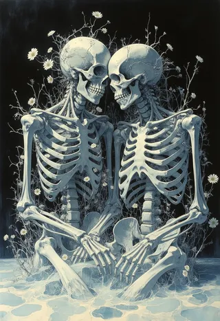 Two highly detailed life-sized skeletal figures seated side by side in a milky liquid, surrounded by translucent white flowers against a dark background.
