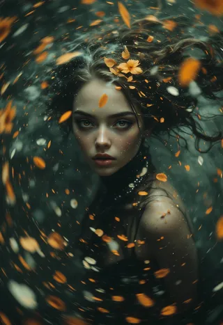 Surreal portrait of a woman surrounded by a swirling vortex of orange and white floating petals with fish eye lens distortion and a dark, cinematic background.