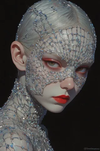 Hyper-realistic portrait of a woman wearing an intricate silver beaded geometric mask, with pale skin and bold red lips against a black background.