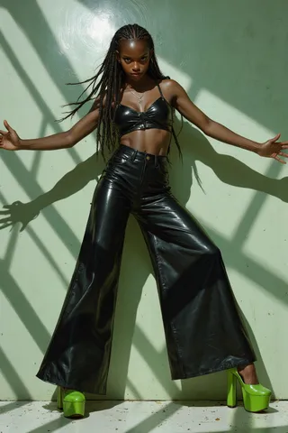 Confident woman wearing black leather bralette and wide-legged pants with bright green platform heels standing against a green wall with dramatic striped shadows.