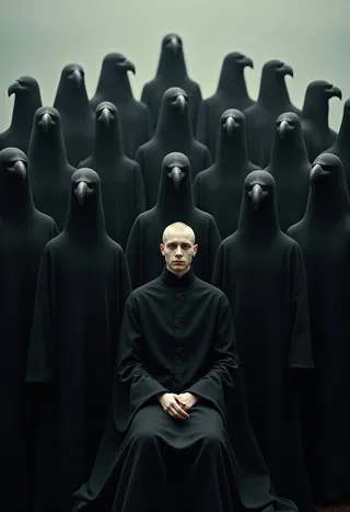 A surreal gathering of black-robed figures with bird-like heads arranged in tiered rows, surrounding a pale, serene human figure seated at the center under soft ambient lighting.
