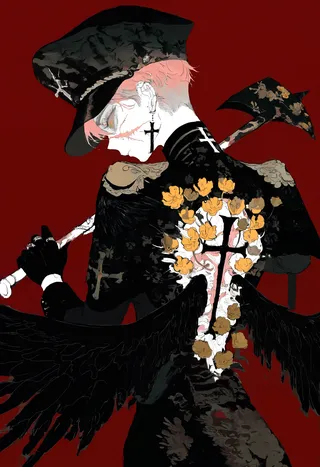 Profile of a pink-haired figure wearing a black uniform adorned with a white cross and yellow flowers, holding a patterned axe with black wings against a red background.