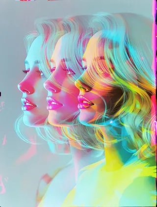 Multiple exposure portrait of a blonde woman turning her head, featuring cyan, magenta, and yellow chromatic layers and pastel tones from expired Kodak Ektachrome film.