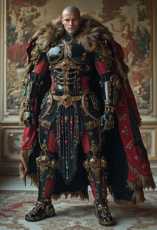 A fierce medieval warrior stands in a grand room wearing black and red ornate armor decorated with golden embellishments and gemstone accents, crowned by a luxurious fur-lined cloak.