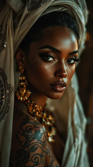 Low-key portrait of a beautiful tan Nubian queen with intricate tattoos, gold jewelry, and a patterned headwrap, gazing intensely at the camera.