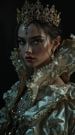 A young queen wearing an ornate golden crown and an elaborately detailed luxurious gown, captured in low-key photography with dramatic, soft lighting emphasizing her elegance and intricate attire against a dark background.